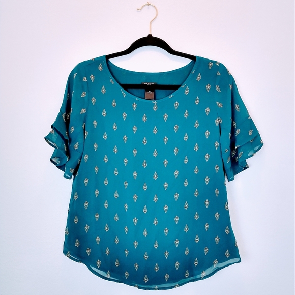 Ann Taylor Teal Damask Flutter Sleeve Work Blouse - Picture 1 of 7